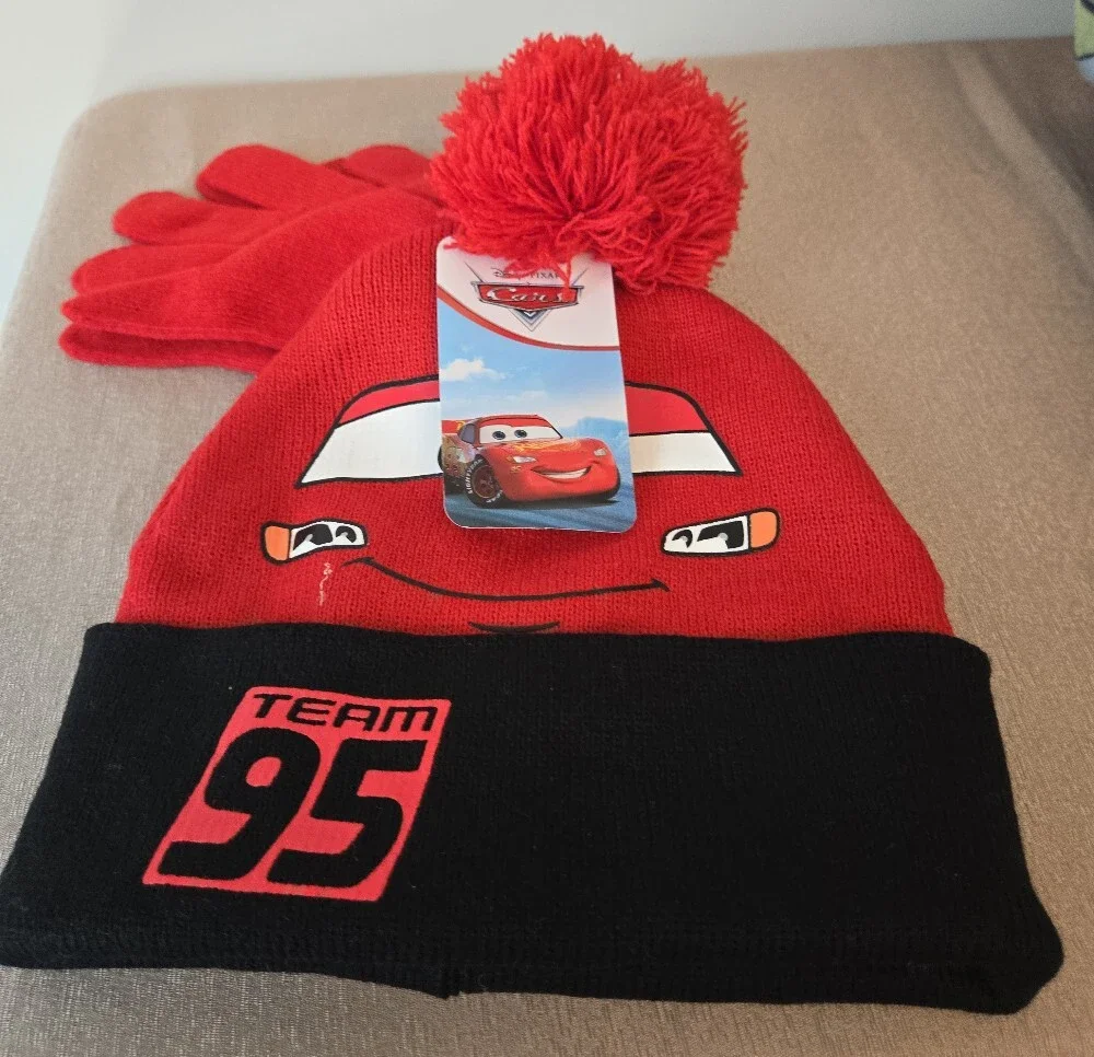 Disney Pixar Cars Lightning McQueen Kids Hat & Gloves Set NWT Team 95 Beanie